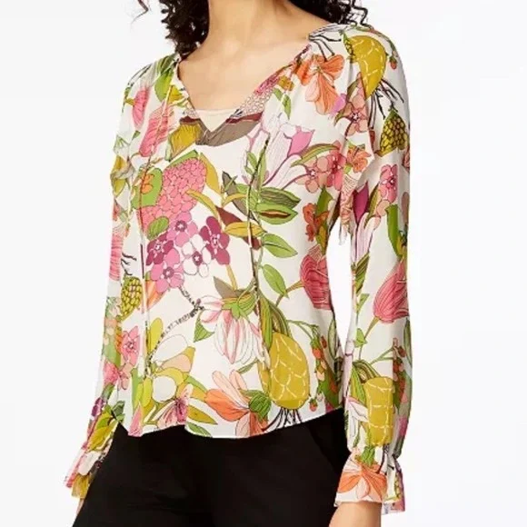 Trina Turk Blouse Magnolia Floral Silk Ruffle Tie Front Pink Green Women Small - Picture 5 of 6